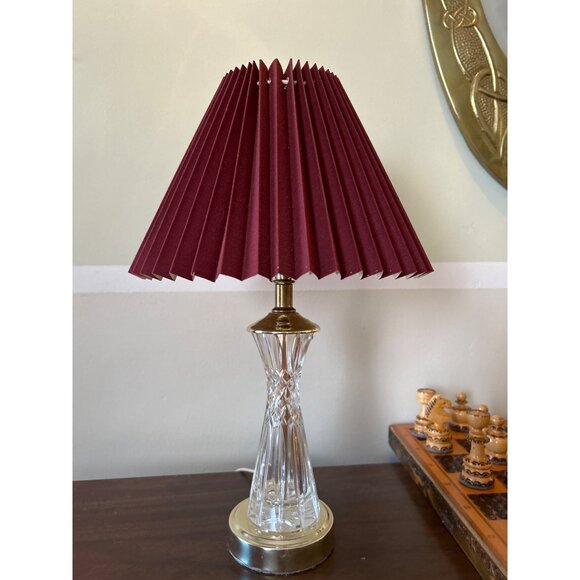 Mid Century Cut Crystal and Gold Table Lamp w/Pleated Shade - Picture 4 of 4